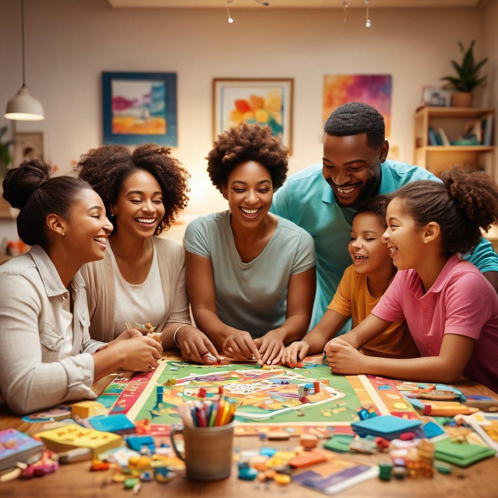 A joyful family gathered around a table engaged in a variety of bonding activities, surrounded by colorful art supplies, board games, and laughter. Show diverse family members of different ages and backgrounds sharing a special moment, emphasizing warmth and connection. Bright, welcoming environment with soft lighting and playful decor. whimsical art style. vibrant colors. 3D.