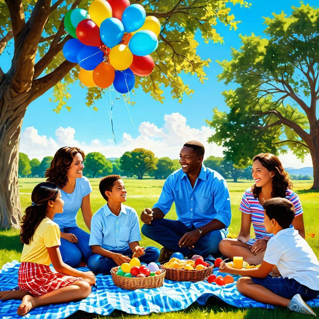 A warm family scene depicting a diverse family engaged in joyful activities together, such as playing games, sharing meals, and laughing under a bright blue sky. Include elements like a picnic blanket, colorful balloons, and trees in the background to symbolize growth and connection. Emphasize smiles and interactions that illustrate emotional bonds. super-realistic. vibrant colors. cheerful atmosphere.