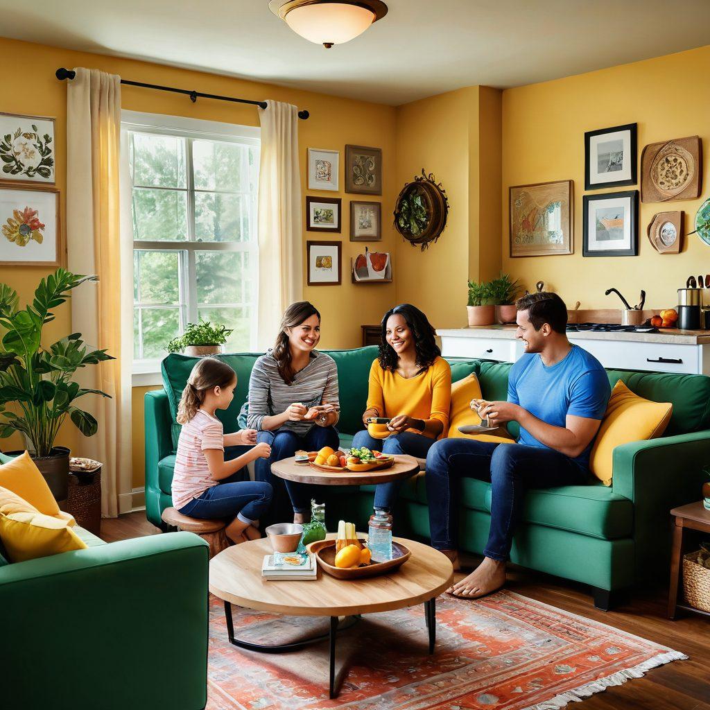 A warm and inviting family scene featuring diverse family members engaging in activities like cooking together, playing games, and sharing stories in a cozy living room. Incorporate elements that symbolize connection and wellness, such as plants for a fresh atmosphere and motivational quotes on the walls. Capture a sense of joy and unity among the family members. vibrant colors. cozy interior. super-realistic.